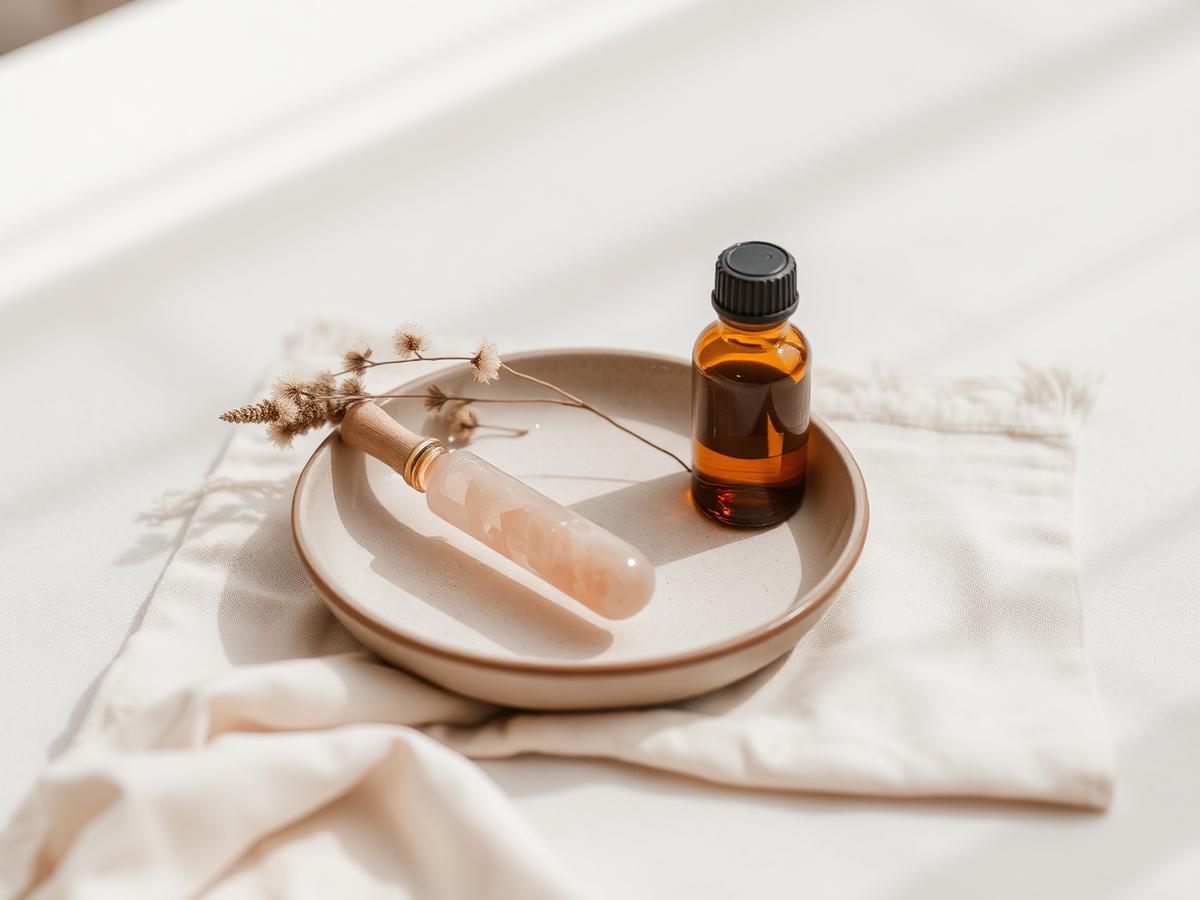 A ceramic dish with a rose quartz roller and amber oil bottle on cream linen