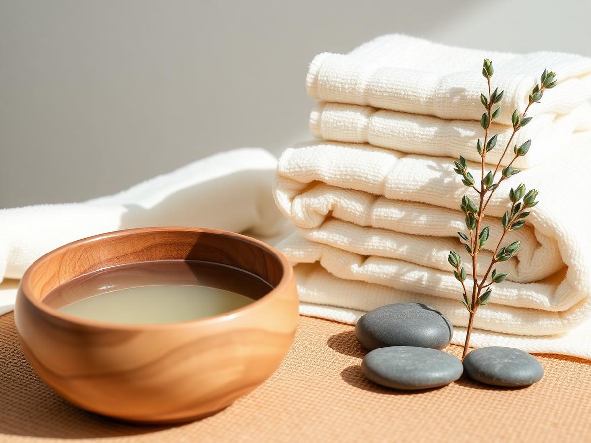 Folded cream towels, a wooden bowl and smooth stones in soft natural light
