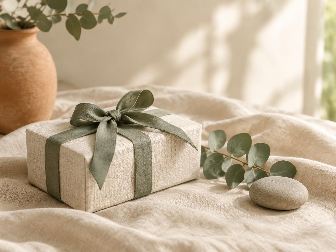 A linen-wrapped gift box tied with a sage ribbon, beside eucalyptus and a smooth stone