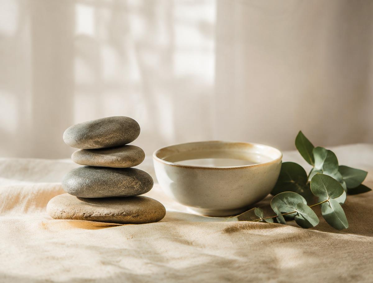 Smooth stacked stones, a bowl of water and eucalyptus on cream linen
